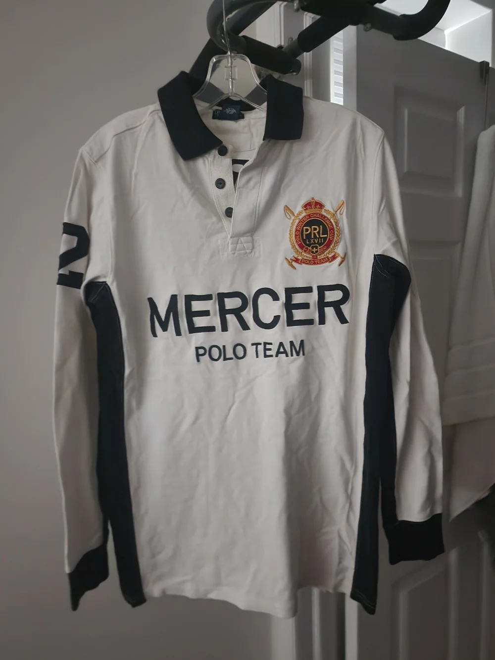 Ralph Lauren White Long-Sleeve Mercer Polo with Navy Accents. Unisex.